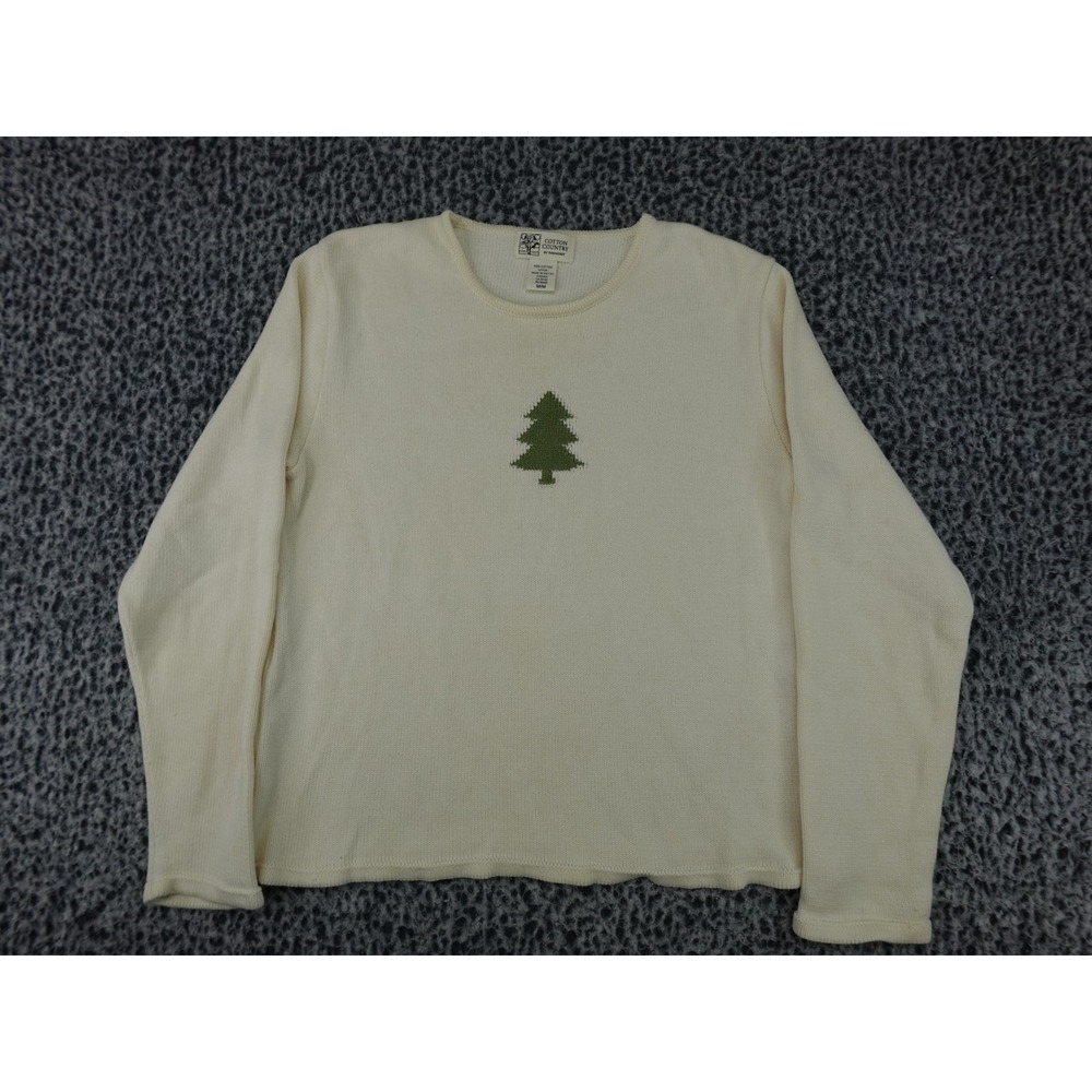Cotton Country Sweater Womens Medium Cream Pine Tree Holiday Knit 11238